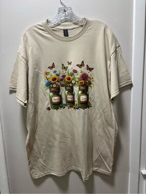 Woman’s XL DTF Transfer Tan Graphic Colorful Floral Jar Butterflies New Made